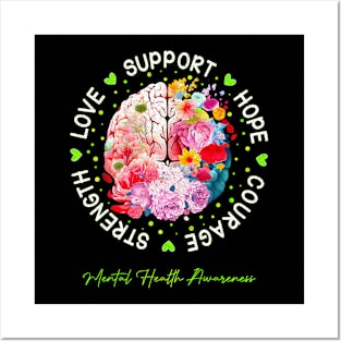 motivational Support Floral Brain Mental Health Awareness Posters and Art